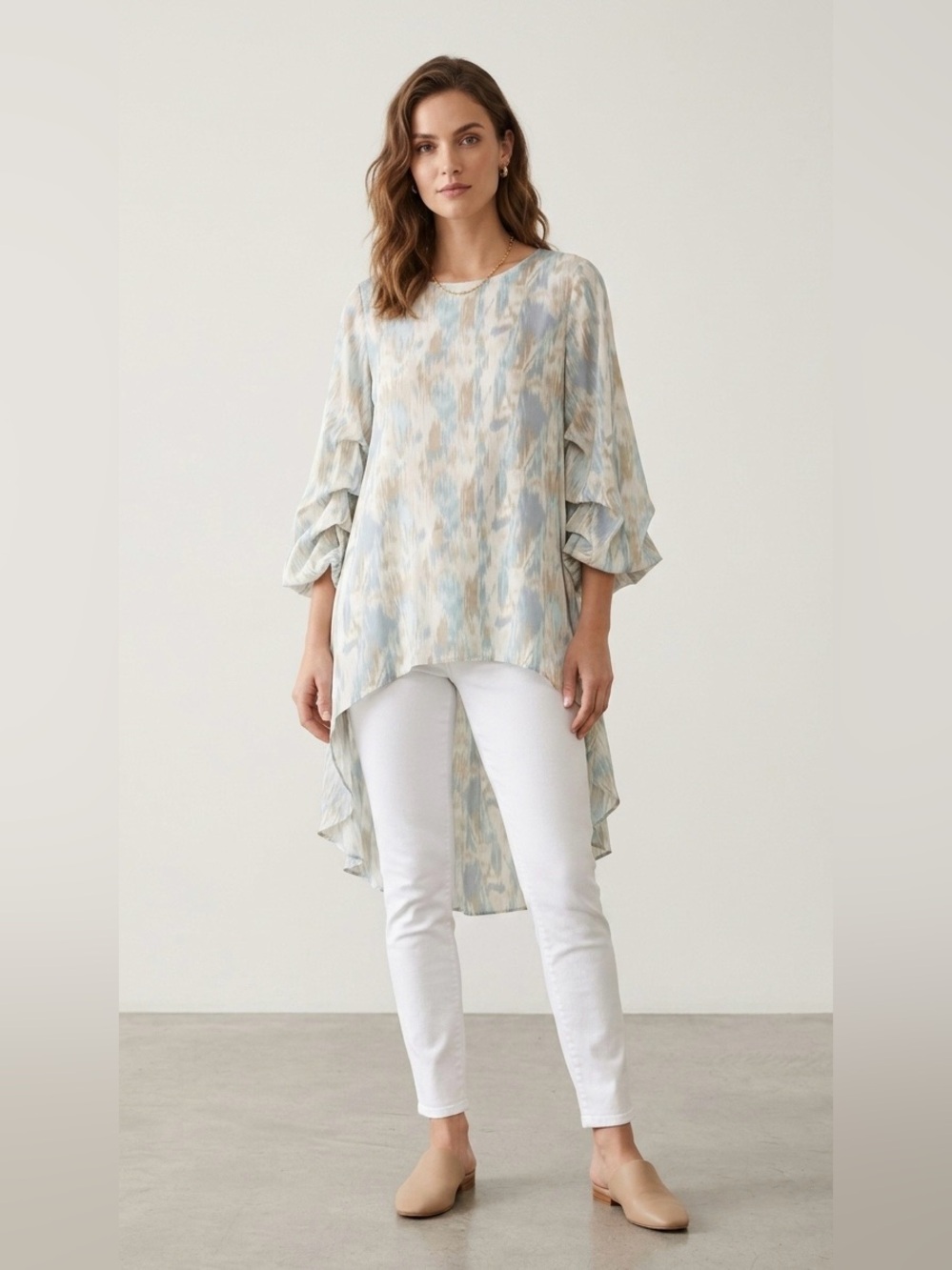 Patrizia Luca Milano High-Low Ikat Tunic Blouse Ruffle Statement Sleeve size‎ S
